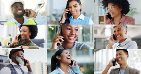 Collage, people and phone call for talk, communication and smile with diversity, networking and career. Men, women and smartphone for conversation, contact or speaking with connectivity in mosaicの写真素材