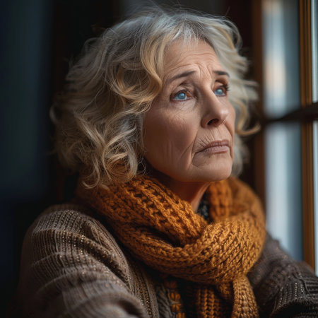 Sad, thinking and senior woman at a window in a home for the morning view, idea or calm. Depressedの素材