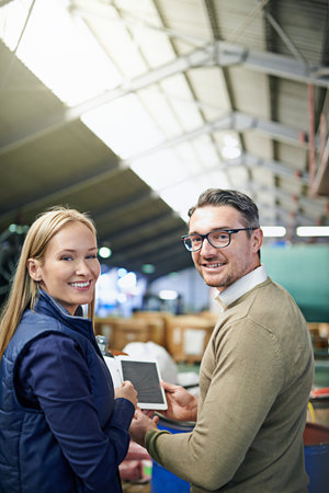 Factory, logistics and portrait of business people with tablet for manufacturing, ecommerce or...