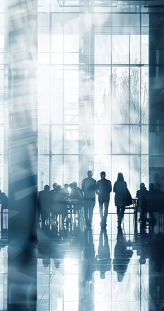 Abstract, crowds and building background with silhouette effect of workers walking, trading orの素材