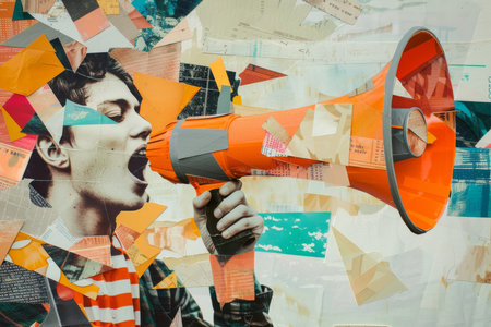 Megaphone, collage art and protest banner artwork for humanity, human rights and news mediaの素材