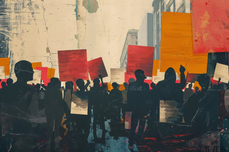 People, collage and creative art made of paper for human rights, protest or riot against warの素材