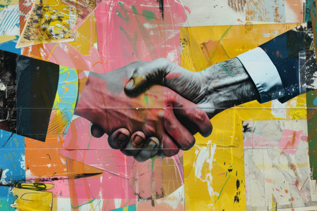 Handshake, business and collage art made of paper for agreement, deal and magazine advertisingの素材