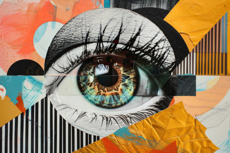 Eye, collage art and paper craft artwork for security, spyware and magazine advertising. Colourfulの素材