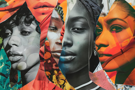 Woman, collage art and creative face made of paper for womens rights, feminism or advertisingの素材