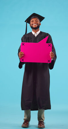 Black man, graduate laughing with speech bubble, voice and social media with education achievement...