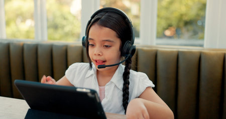 Sign language, child and tablet, headphones and video call education, e learning and online class...