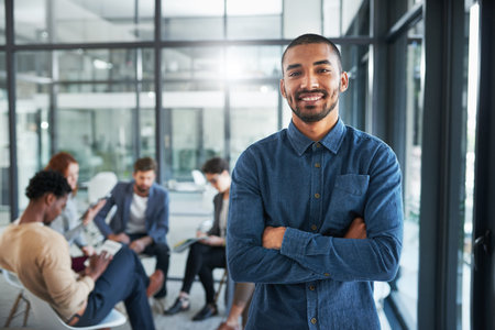 Man, smiling and excited in office portrait for new opportunity, internship or employment. Person,...