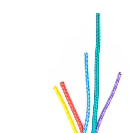Color, rope and textile string on background, mock up or space with nylon cable with creativity. String, ties and cord to thread in pattern or start connection in craft, project or material for artの写真素材