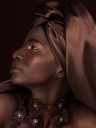 Profile, black woman and beauty with fashion for in studio with makeup for cosmetic in confidence....
