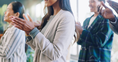 Hands, business people and applause in conference, success and achievement of seminar presentation. Closeup of audience, crowd and team clapping to celebrate meeting, award and feedback at conventionの写真素材