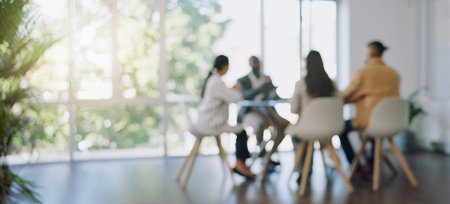 Business meeting, blurred background and people in office for teamwork, collaboration and planning,...