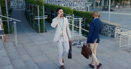 Business men, phone call and talking in city on commute to work in metro with discussion, chat and...