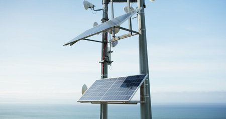 Solar panel, energy and roof with ocean, sky and horizon with sustainability, power or off grid...