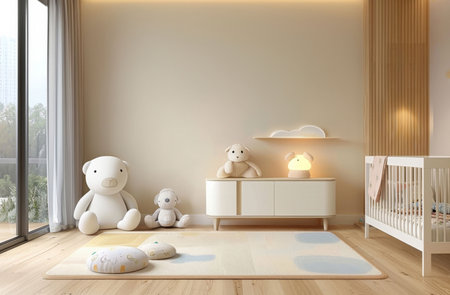 Nursery, interior design and children room in home, crib and furniture in accommodation. Bedroomの素材