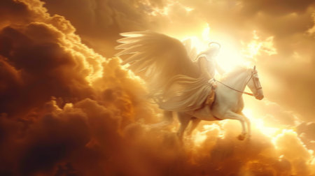 Angel, horse and sky with wings in heaven, clouds or dawn for ascension, salvation or divine powerの素材