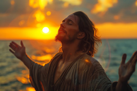 Worship, ocean and man as Jesus at sunrise for religion, spiritual teaching and bible storyの素材