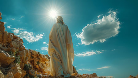 Christianity, sunrise and man on mountain as Jesus for religion, spiritual teaching and bible storyの素材