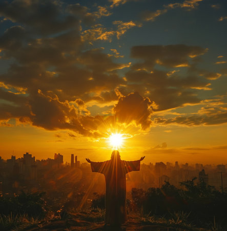 Worship, hill and man as Jesus at sunrise for religion, spiritual teaching and bible storyの素材