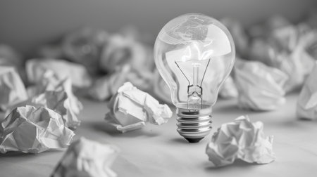 Lightbulb, ideas and crumpled paper for creative solution, writing and brainstorming on deskの素材