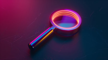 magnifying glass, search and internet for information, research and media with neon color on darkの素材
