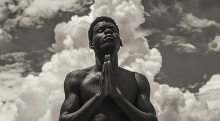 Clouds, prayer and black man on blue sky with hands for religion, spirituality and faith in natureの素材