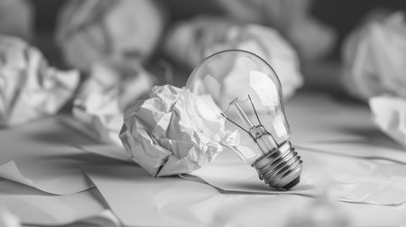 Light bulb, ideas and crumpled paper for creative solution, writing and brainstorming on deskの素材