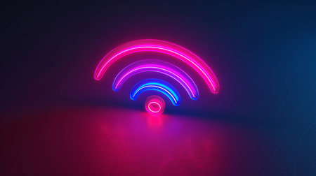 Wireless, 3d neon icon and future with internet, network and dark background for connection symbolの素材