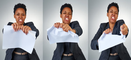 Collage, studio and anger in business with woman, paper work or documents with frustrated employee. Burnout, frustrated and rage for stressed manager, mental health with worker in corporate workspaceの写真素材