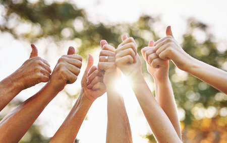 Group, thumbs up and hands outdoor for success, winning or celebration together on sun flare. Team, fingers and like gesture for support, collaboration or solidarity of community in nature on bokehの写真素材