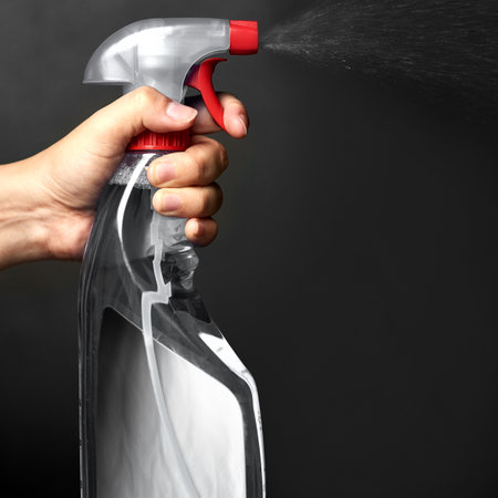 Hand, person or spray for cleaning studio on black background for domestic or housework chores. Press, mockup space or cleaner spraying for clean hygiene, sanitary, dust or anti bacteria chemicalの写真素材