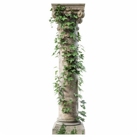 Pillar, vines and greek columns in nature on studio ecology for growing plants, agriculture or whiteの素材