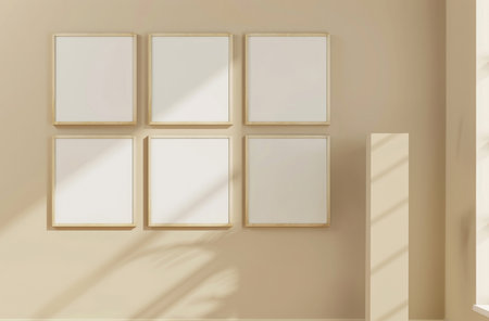 Frame, home and collage of blank poster with mockup space and minimal design with wood pictureの素材