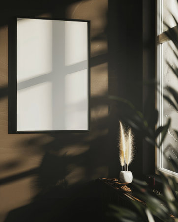 Interior design, decor and empty frame in home for creative space, art or shadow aesthetic inの素材
