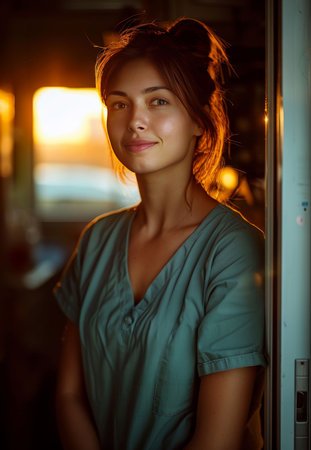 Woman, nurse and thinking in hospital with smile, vision and career in health, wellness and care inの素材