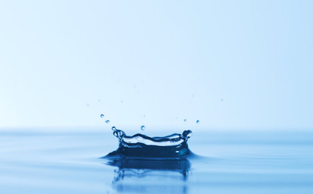 Abstract, splash and puddle of water with hygiene, product and clean with mockup space and promotion. Liquid, h20 and sustainability with drops, spring and hydration with detail, empty and naturalの写真素材