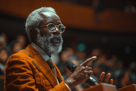 Mature man, mic or talking in auditorium for seminar, business conference or presentation withの素材