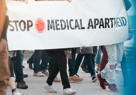 Crowd, poster and protest in street against covid 19 vaccine, medical or corruption. Banner,...