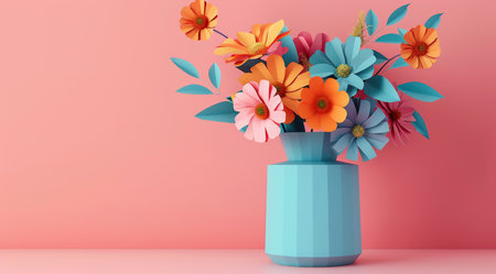 Flowers, bouquet and origami with paper in art, 3d render and creative daisy on background. Digitalの素材