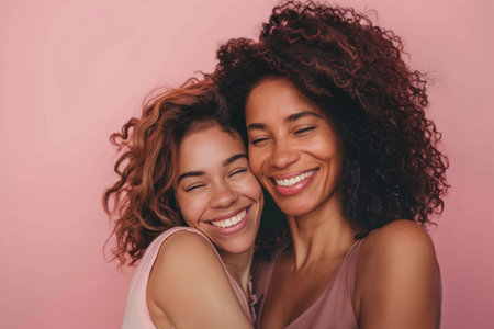 Mom, girl and smile with gratitude in studio on pink background with hug for mothers dayの素材
