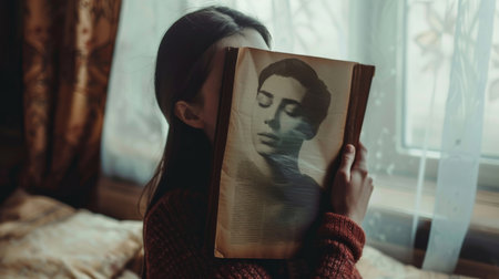 Person, cover and face in home or book for english literature or fiction novel for knowledgeの素材