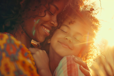 African woman, hug and child in nature together, mothers day and appreciation with love in sun shineの素材