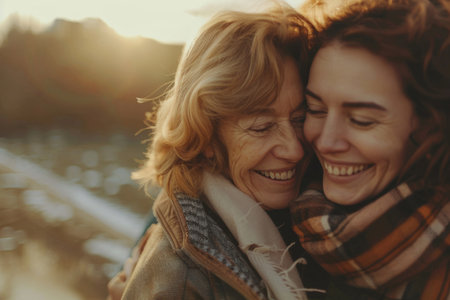 Family, happy or smile with mom and daughter outdoor in forest for autumn mothers day celebrationの素材