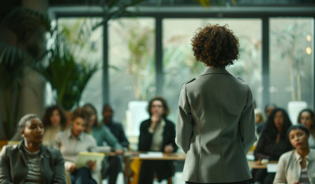 Woman, teacher and university students for education class or from behind, scholarship or academicの素材