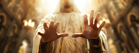 Jesus, man and church with hands for gesture with prayer for forgiveness with worship or praiseの素材