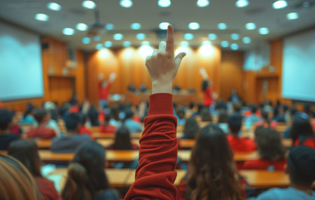 Hand, question and student in lecture, college and feedback in classroom for knowledge or answerの素材