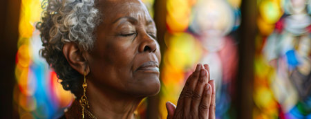Black woman, pray and hands in church with eyes closed, Sunday service and Christian believer inの素材