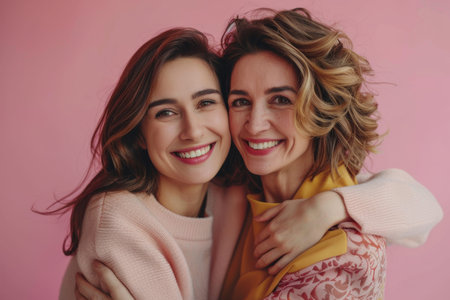 Mom, daughter and happy on portrait in studio on pink background with hug for mothers dayの素材