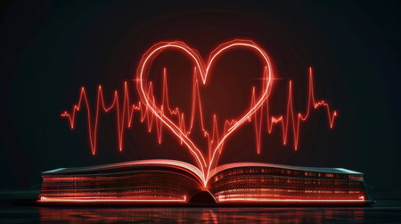 Book, heart and hologram with pattern for healthcare, study or medical knowledge on a dark studioの素材