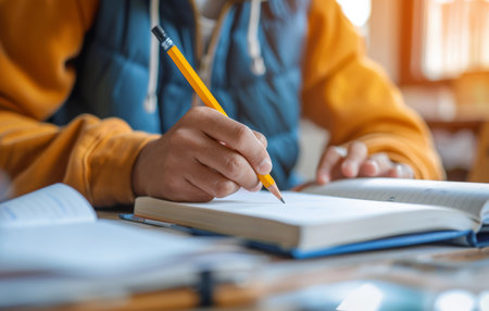 Student, hand and writing in book or classroom lesson for back to school education, stationery orの素材